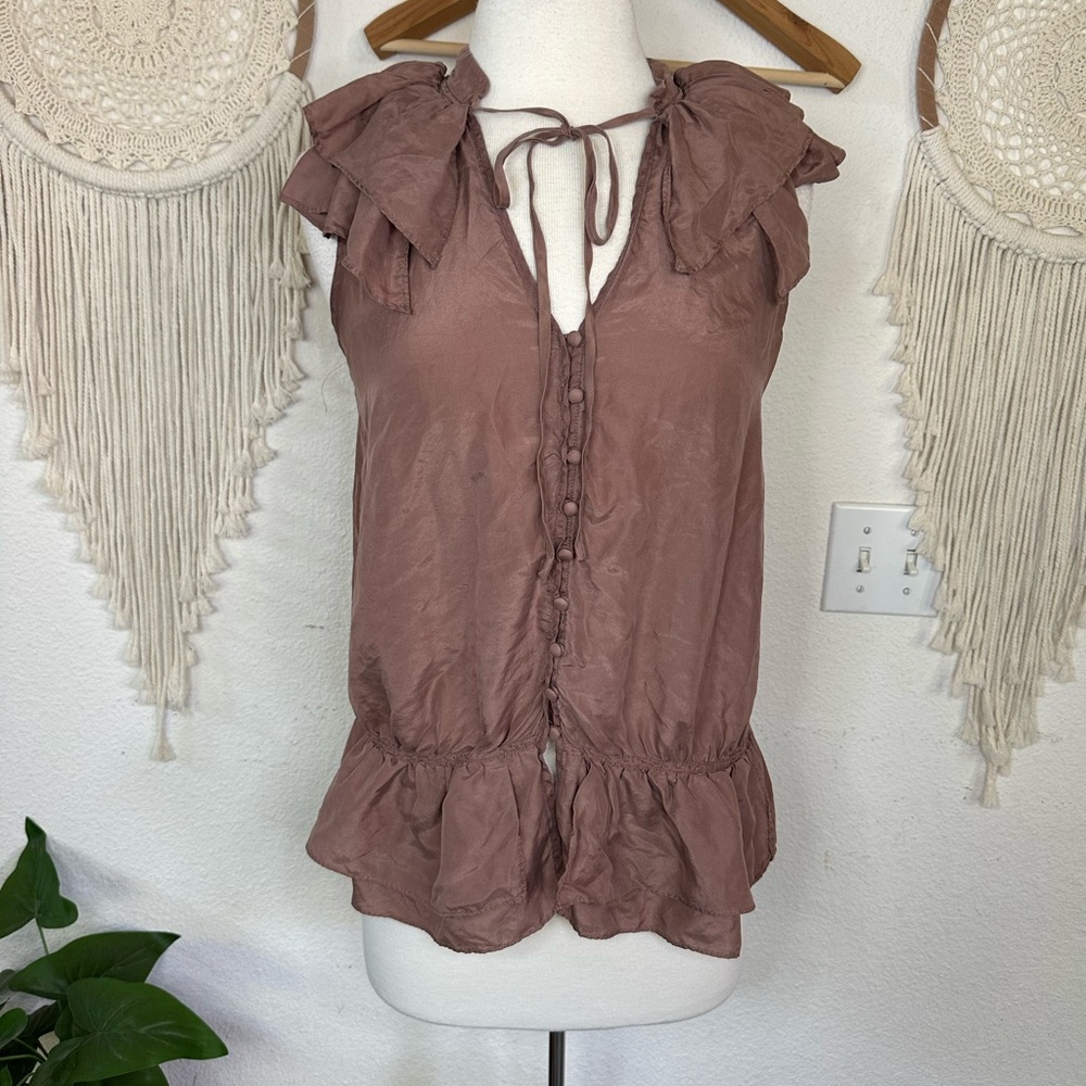 LOFT mauvy brown Ruffled Flutter Sleeve silk Blouse Small